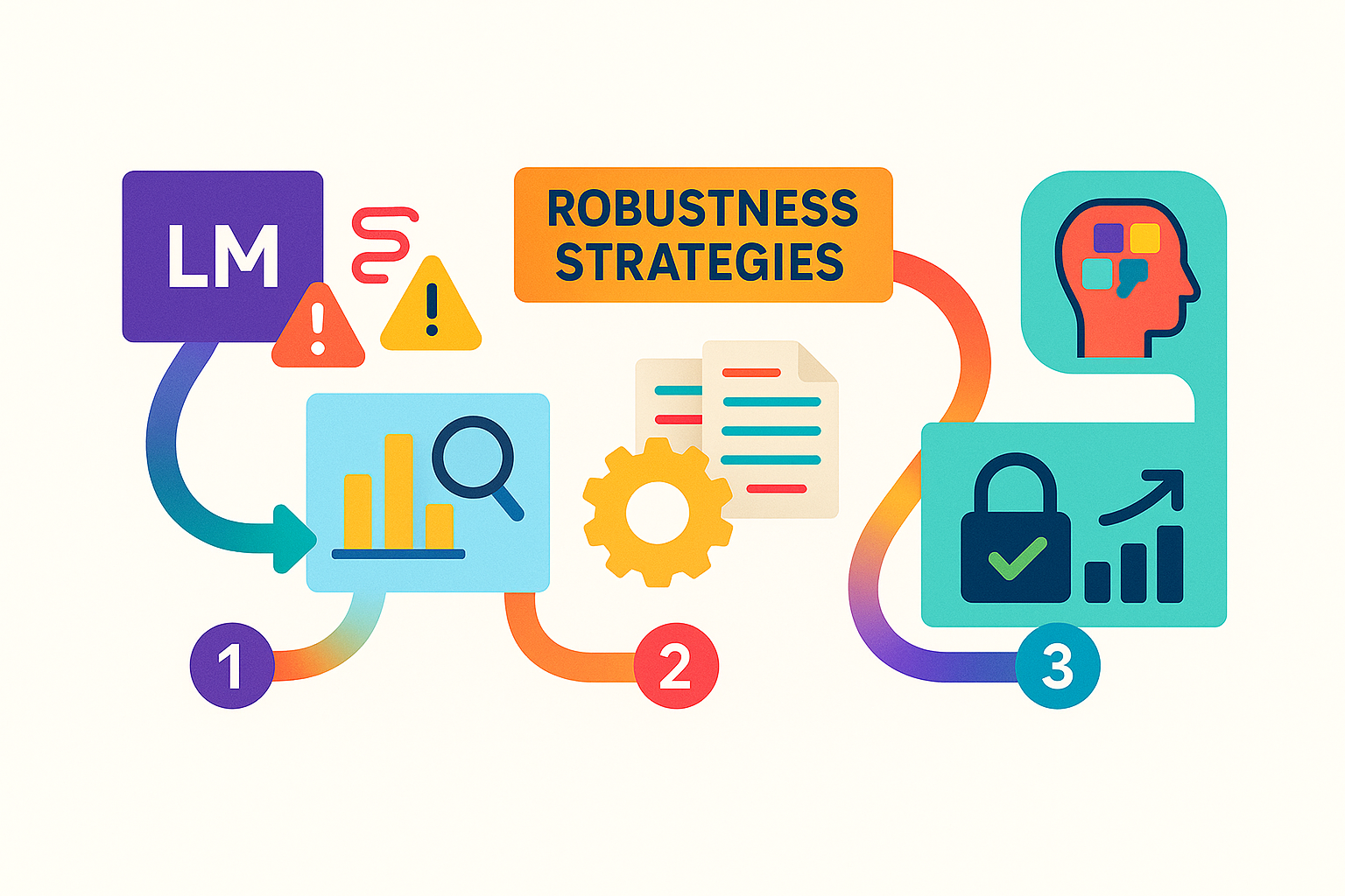 Create a clean, modern infographic illustrating a research workflow for improving trust and robustness in language models. Include sections showing: (1) the problem—LMs as black boxes, hallucinations, and sensitivity to input perturbations; (2) the methodology—examining perturbation effects across model scales, analyzing failure modes; (3) robustness strategies—fine-tuning approaches, evaluating transfer between perturbations, and multi-perturbation training; (4) LLM extension using chain-of-thought prompting with exemplars; (5) results—improved robustness on Tabular-NLI while maintaining accuracy. Use icons, arrows, and a structured flow layout with a tech-research aesthetic.” Of dimnesions 400 (width) by 200 (height)