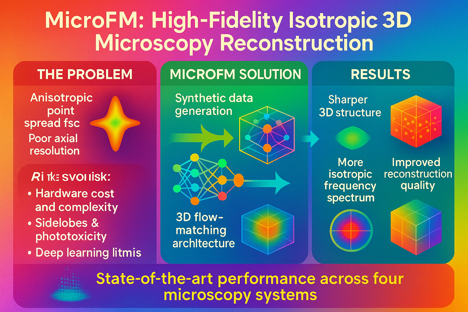 Create a soft, atmospheric scientific image-abstract illustrating isotropic 3D microscopy reconstruction. Show a transition from a blurry, elongated axial PSF on the left to a crisp, isotropic 3D fluorescent structure on the right. Represent the blur as stretched, hazy light and the reconstruction as sharp, symmetric volumetric detail. Subtly include the idea of flow or continuous transformation—a smooth field of arrows or gradients guiding the volume from degraded to restored quality. Hint at physical optics by including gentle diffraction-like patterns, and hint at deep learning with an abstract neural-flow motif (smooth curves, not literal network diagrams). Use a calm palette of blues, cyans, and violets with soft glows, misty transitions, and no text. Convey realism of the physical PSF on the left and high-fidelity isotropic recovery on the right, blending science and art.