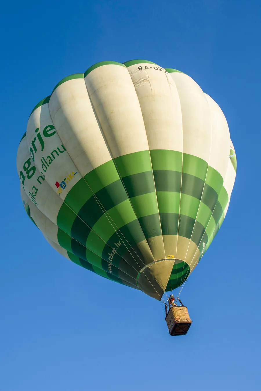 Green and white hot-air balloon against a blue sky