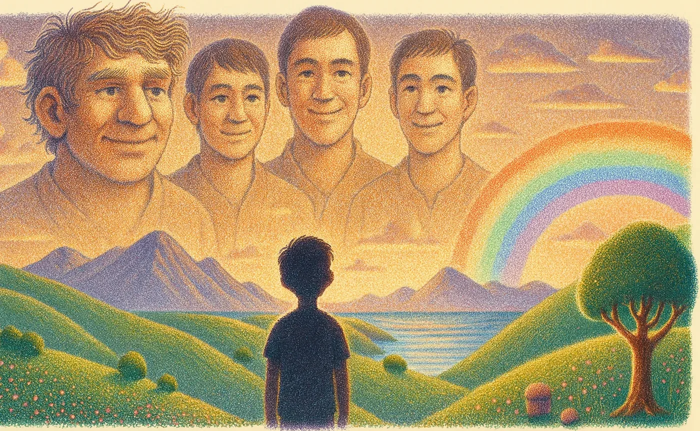 Illustration of a boy looking toward a landscape, with the faces of mentors in the sky